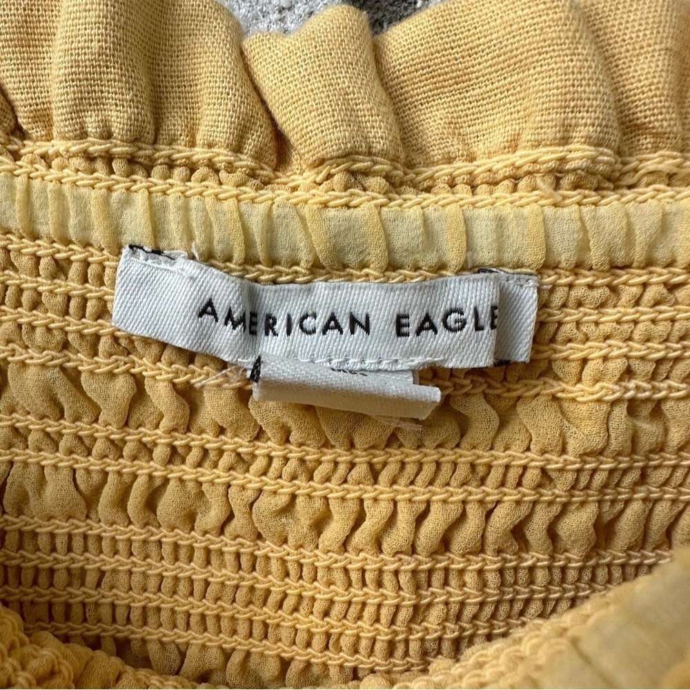 American Eagle Yellow Smocked Linen Mini Dress Ruffle Hem Summer Bodycon XS - Picture 6 of 9